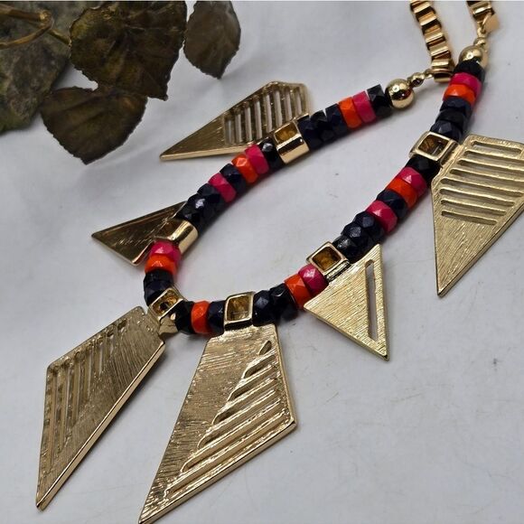 "5/$25" Vtg 80s Retro Multicolored Adjustable Statement Bib Gold Tone Necklace - Picture 7 of 10